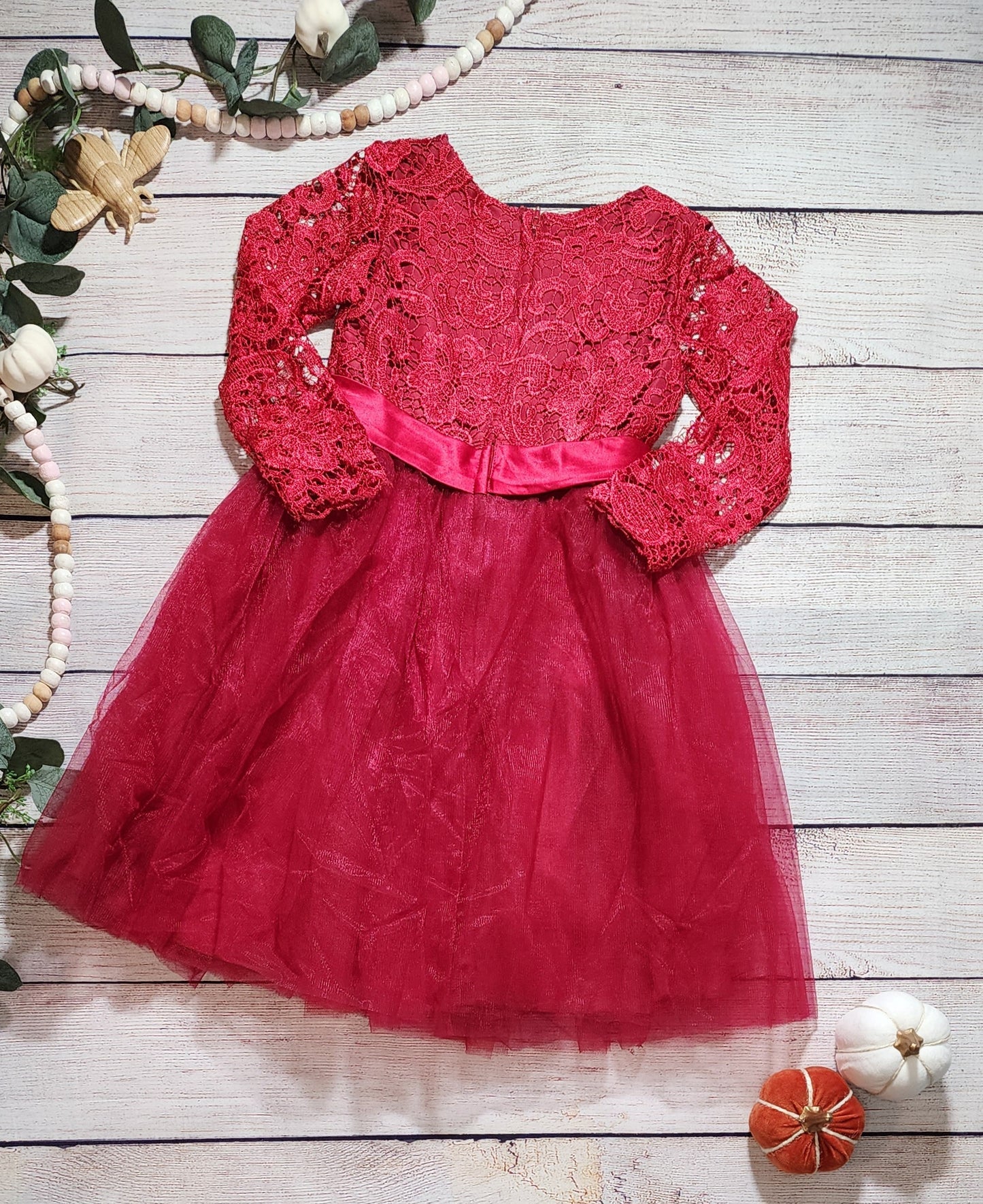 Red Lace Sleeved Dress, Size 6/7